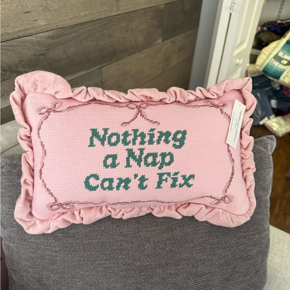 “Nothing a Nap Can’t Fix” Embroidered Needlepoint Pillow